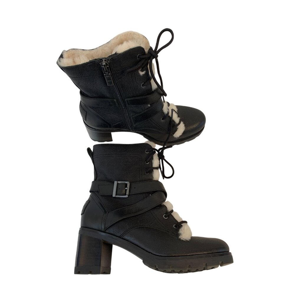 UGG Ingrid Biker Black Leather Sheep Skin Ankle Boots Lace Up  Buckle Sz 7 9018
